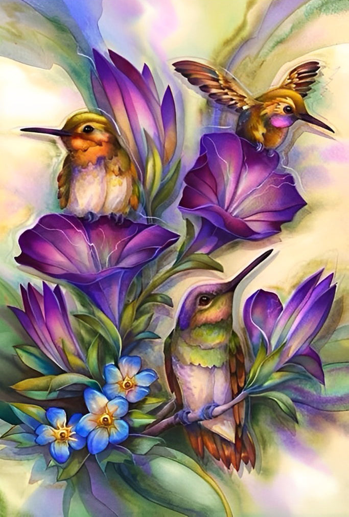 Hummingbirds and Purple and Blue Flowers Diamond Painting
