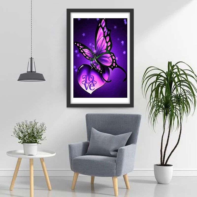 Purple Butterfly and Heart with the Word Love Diamond Painting