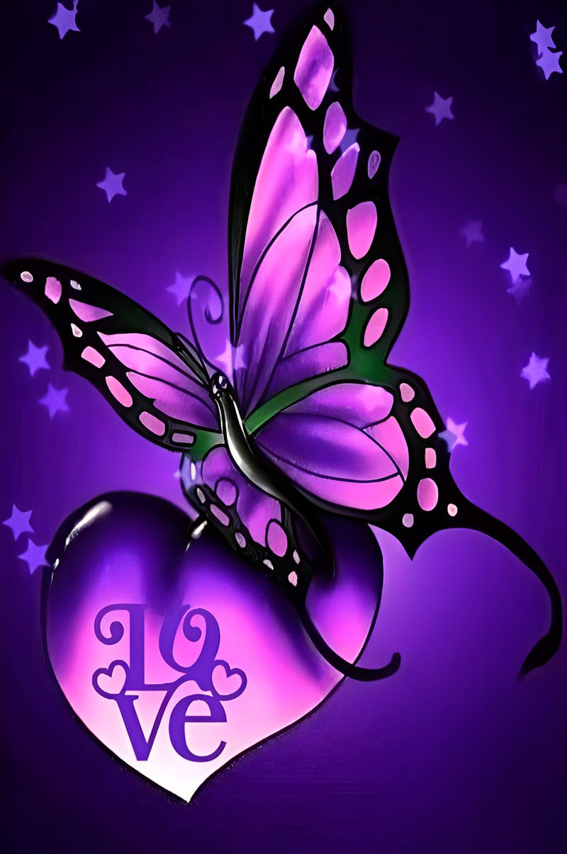 Purple Butterfly and Heart with the Word Love Diamond Painting