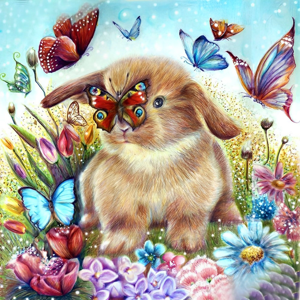 Butterflies and Brown Rabbit Diamond Painting