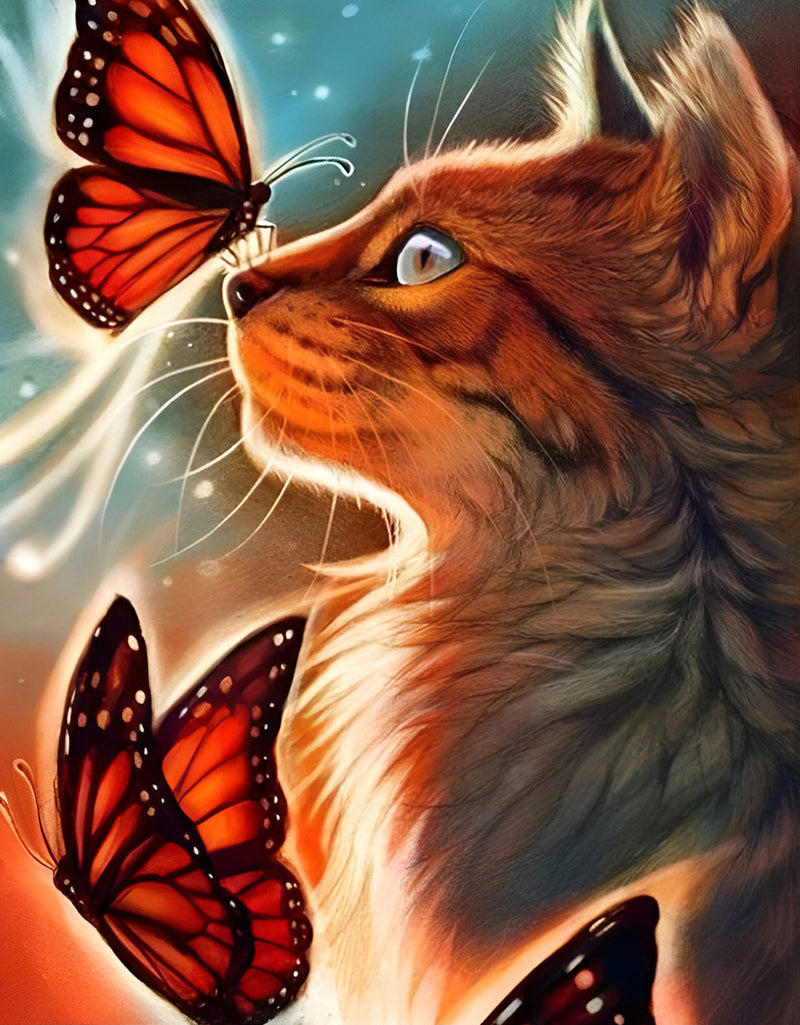 Orange Cat and Red Butterfly  Diamond Painting