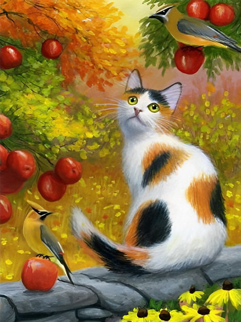 Tricolor Cat and Apples Diamond Painting