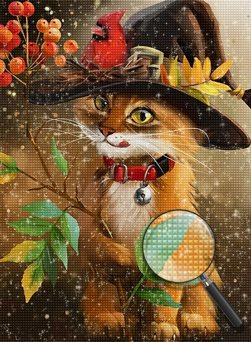 Red Bird and Wizard Cat Diamond Painting