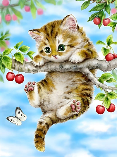 Kitty Hanging from Cherry Tree 5D DIY Diamond Painting Kits