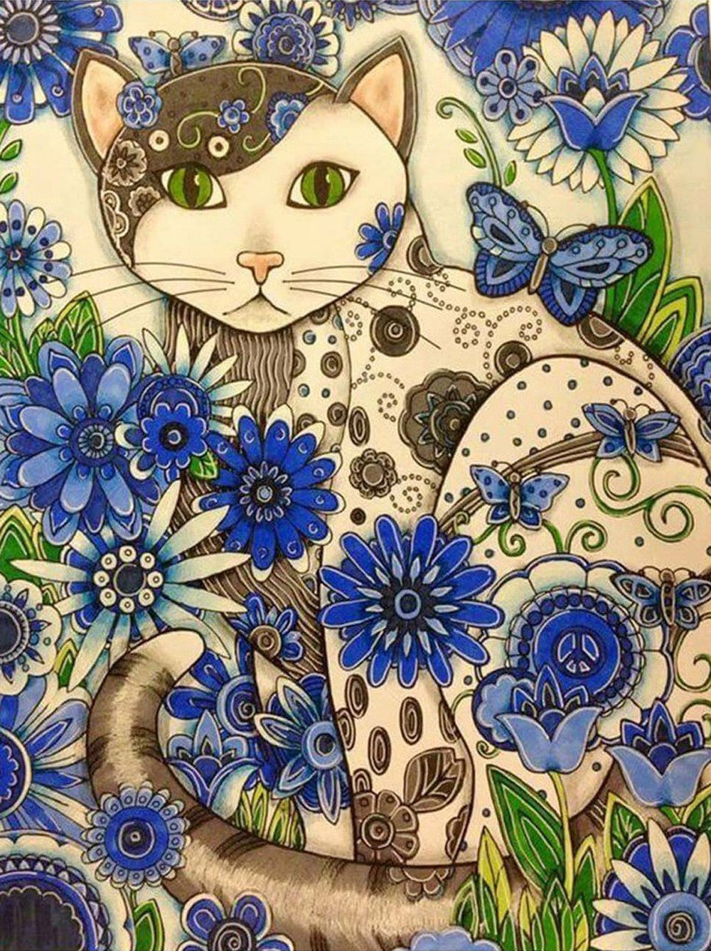 White and Black Cat with Blue Daisy Diamond Painting