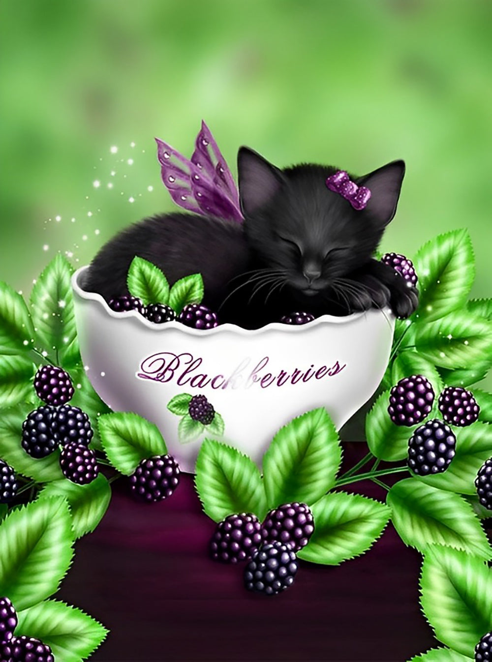 Black Kitty and Blackberries Diamond Painting
