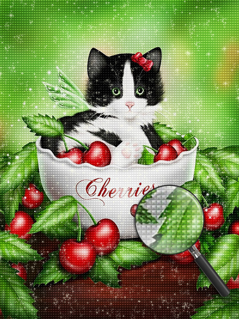 Cherries and Kitten in the Bowl Diamond Painting