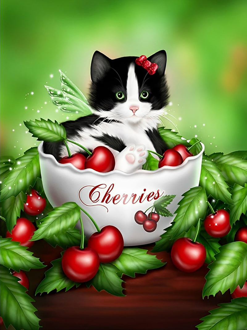 Cherries and Kitten in the Bowl Diamond Painting