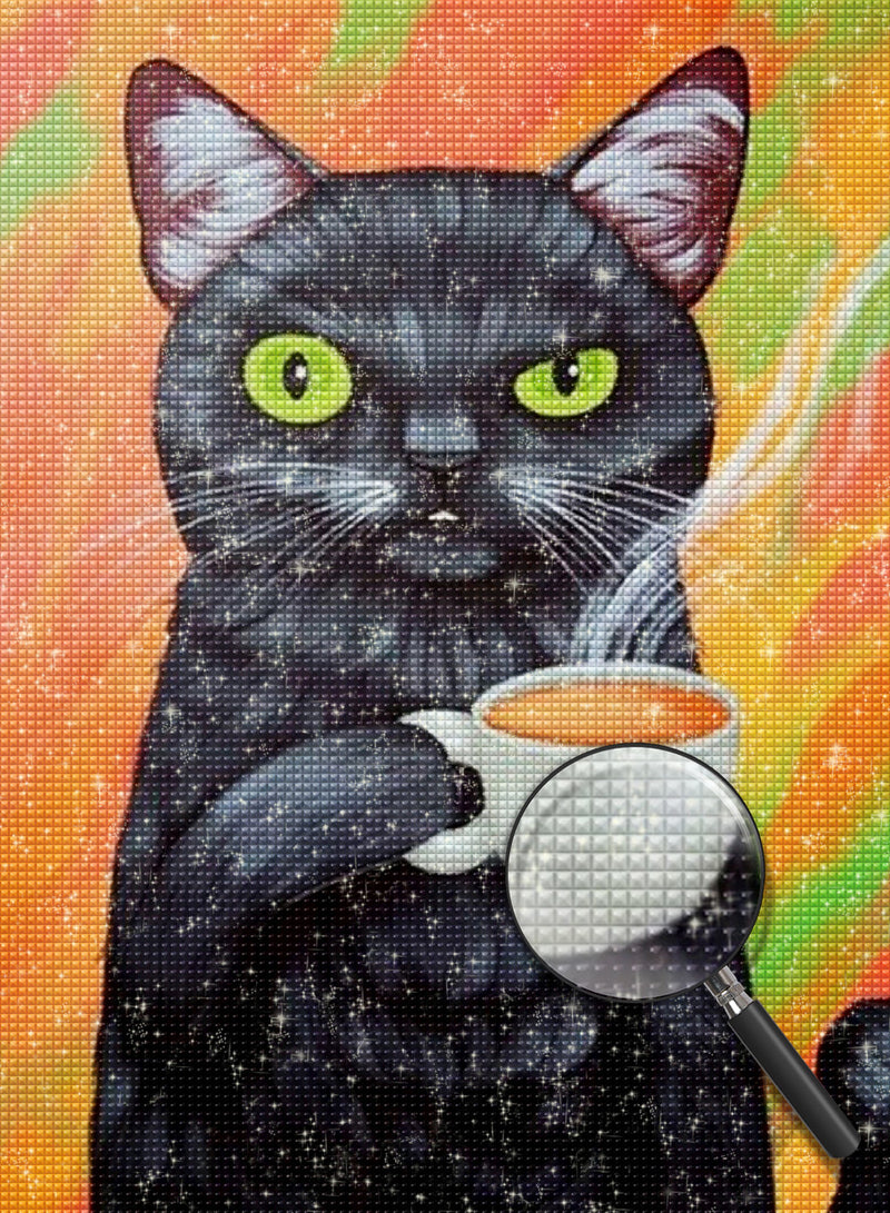 Strange Black Cat Drinking Coffee Diamond Painting