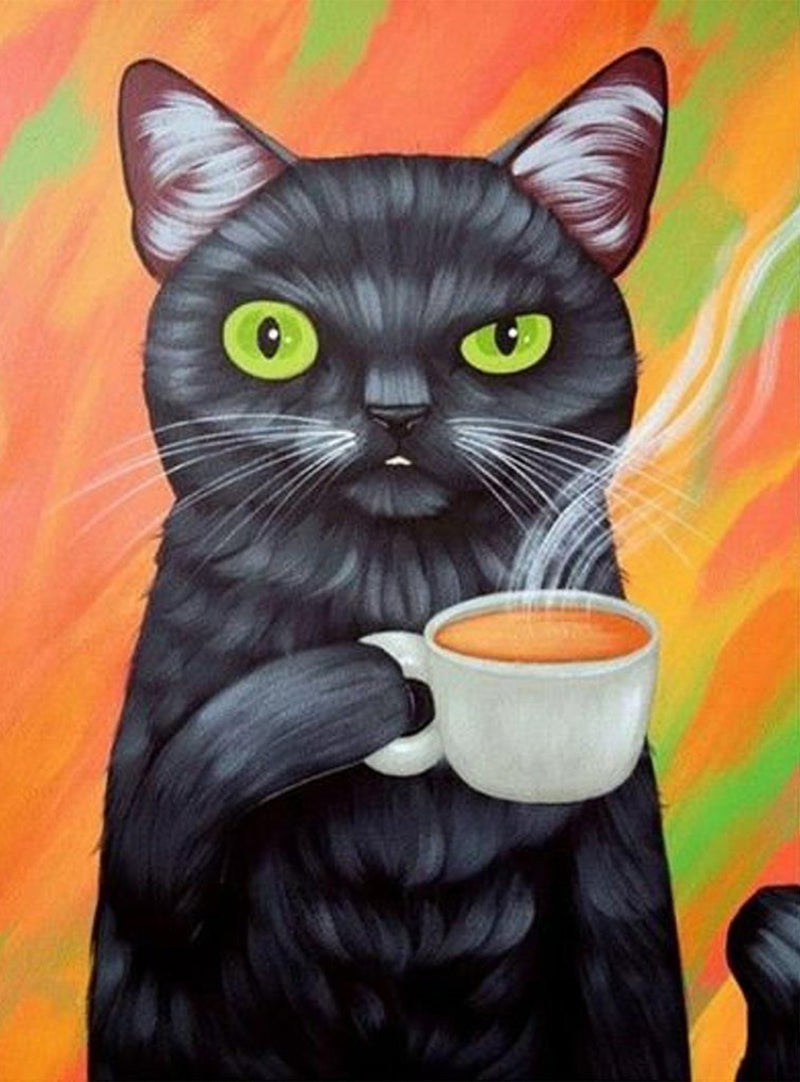 Strange Black Cat Drinking Coffee Diamond Painting