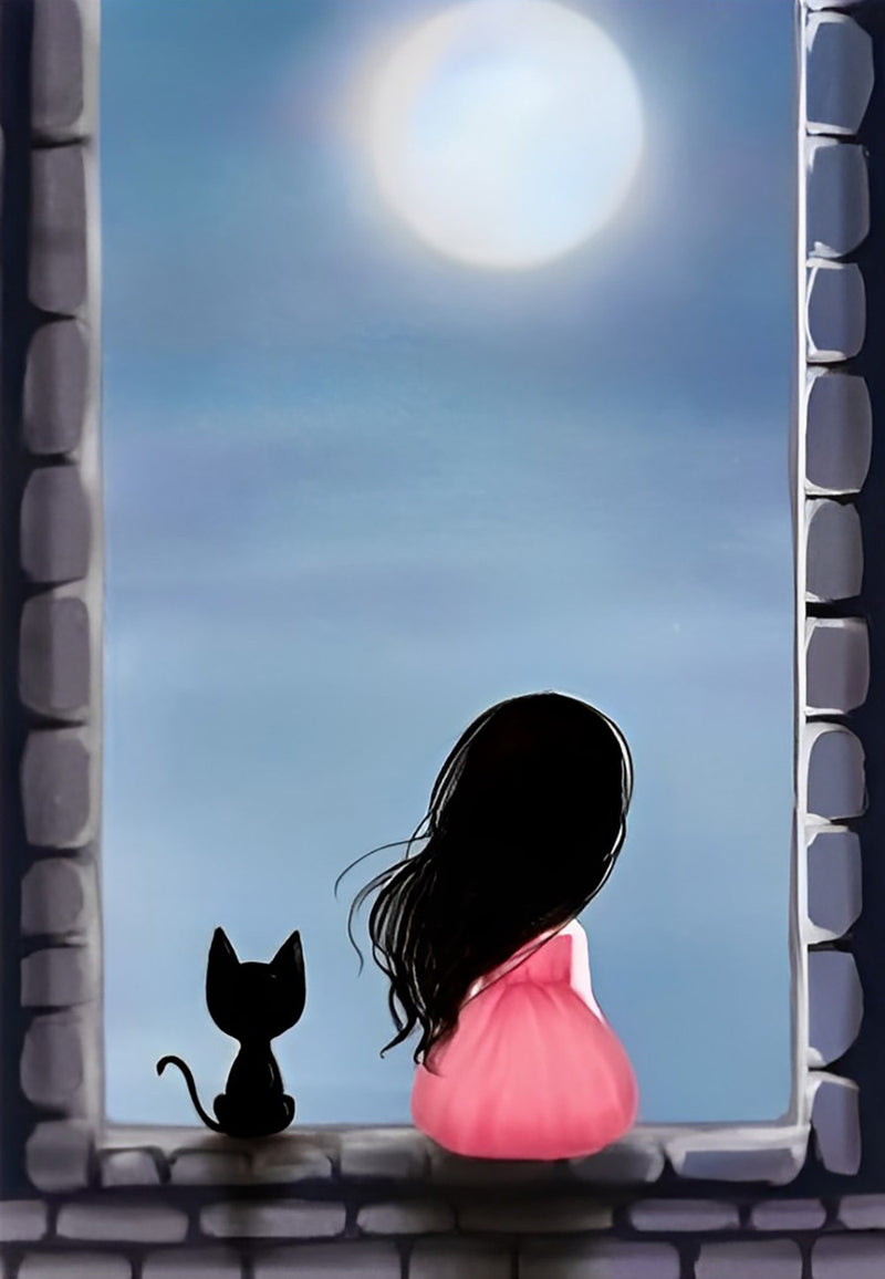 Girl and Little Black Cat with the Full Moon 5D DIY Diamond Painting Kits