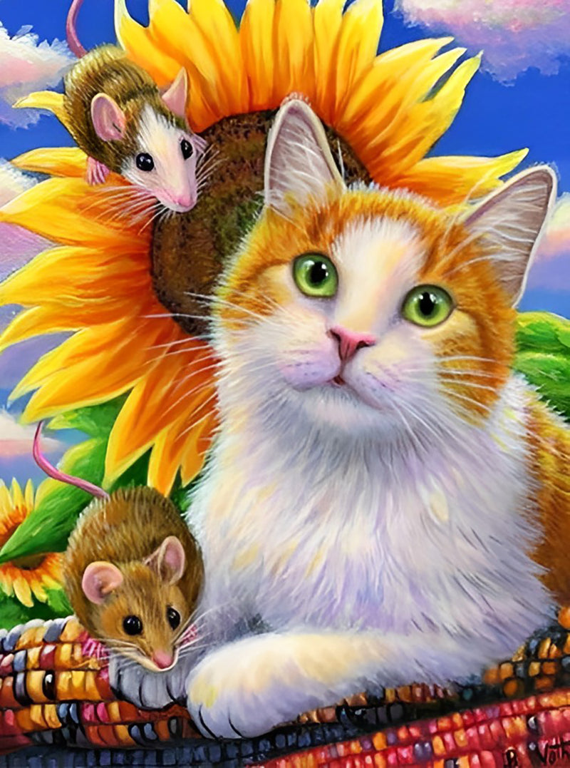 Cat Sunflower and Mouses Diamond Painting