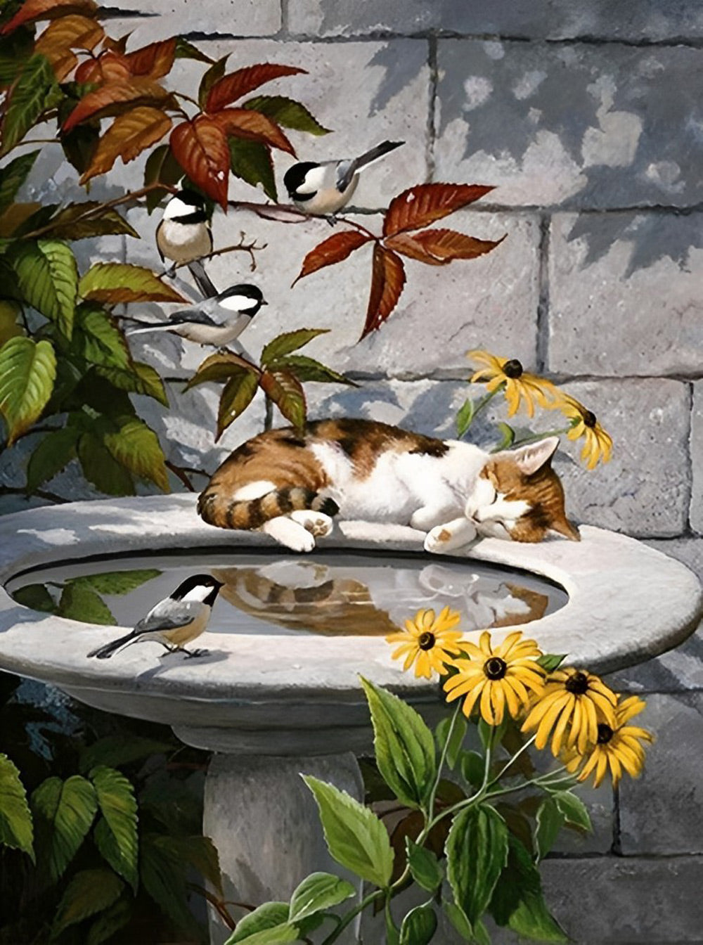 Sleeping Cat and Birds Diamond Painting