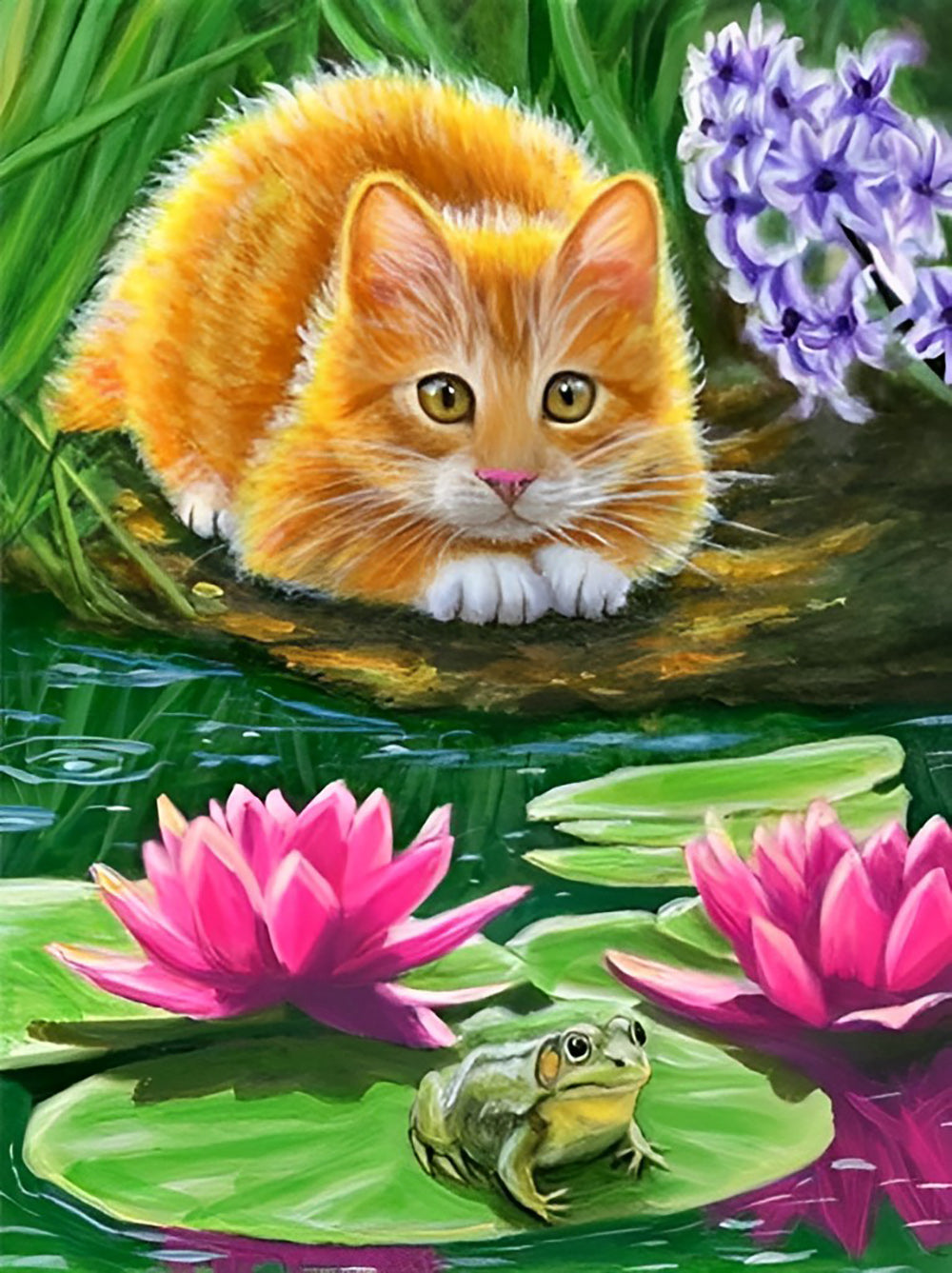Cat Frog and Water Lilies Diamond Painting