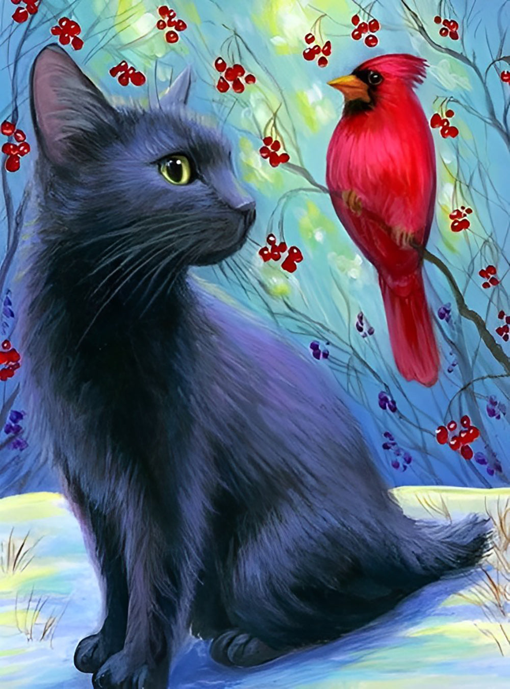 Black Cat and Northern Cardinal Diamond Painting