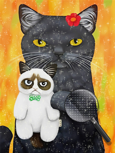 Black Cat and Puppet Siamese Cat Diamond Painting