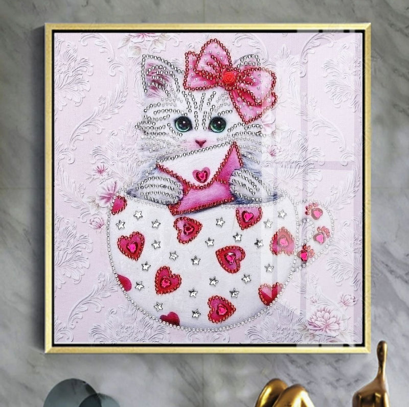 Kitty with Love Letter in the Cup Special Shaped Drills 5D DIY Diamond Painting Kits