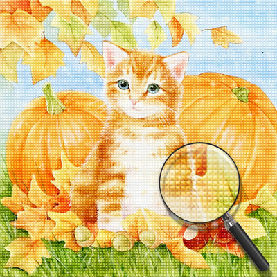 Orange Cat and Pumpkins Diamond Painting