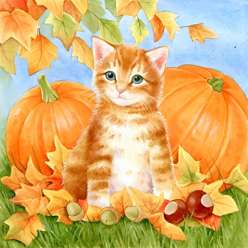 Orange Cat and Pumpkins Diamond Painting