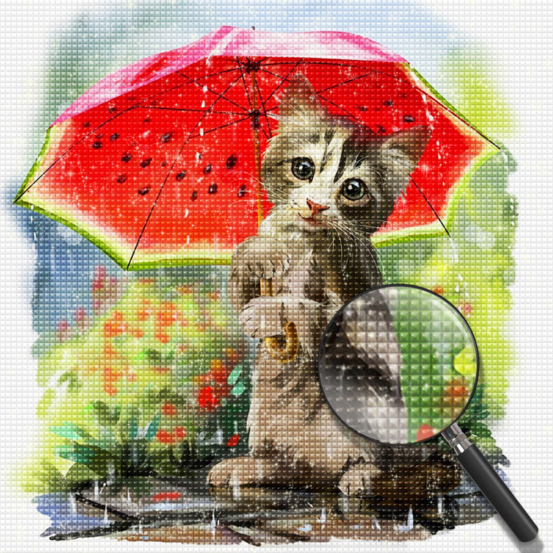 Kitten with a Watermelon Umbrella Diamond Painting