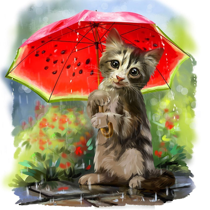 Kitten with a Watermelon Umbrella Diamond Painting