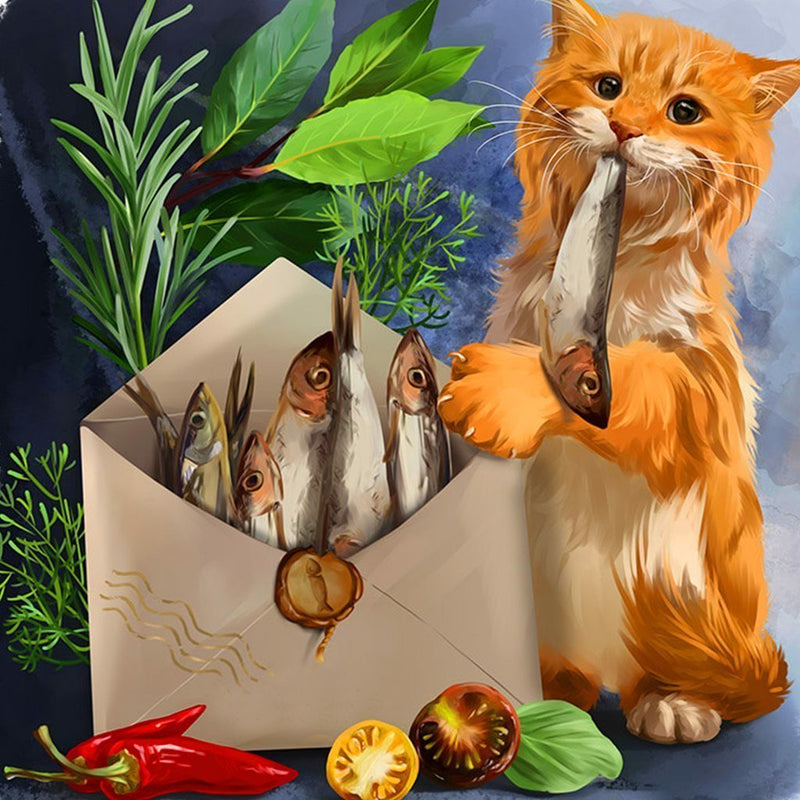 Cat Stealing Dried Fishes Diamond Painting