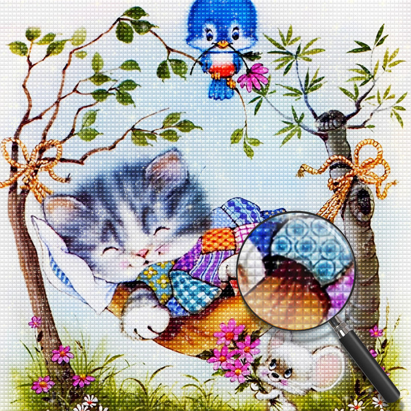 Cats and blue birds in hammocks Diamond Painting