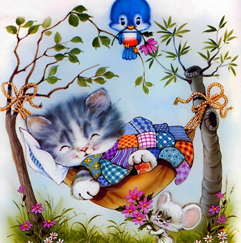 Cats and blue birds in hammocks Diamond Painting