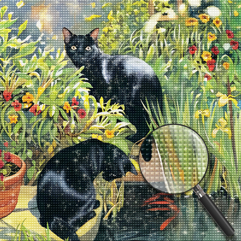 Black Cats among Flowers Diamond Painting