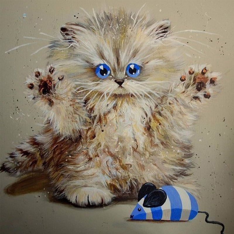 Blue-eyed Long-haired Kitten and Mouse Toy 5D DIY Diamond Painting Kits