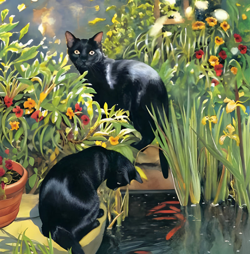 Black Cats among Flowers Diamond Painting