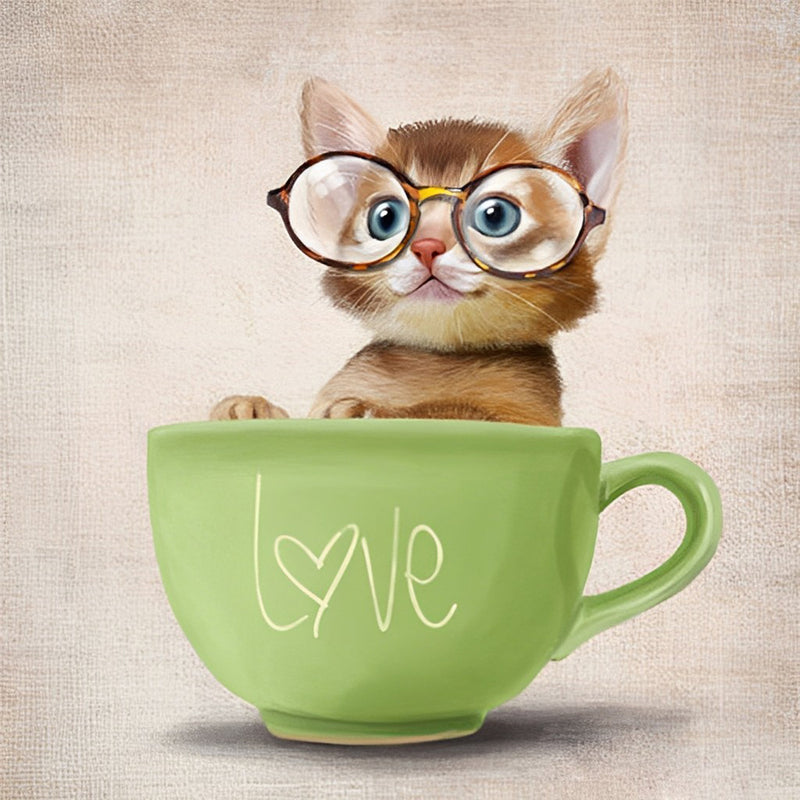 Cat with Glasses in the Green Cup 5D DIY Diamond Painting Kits