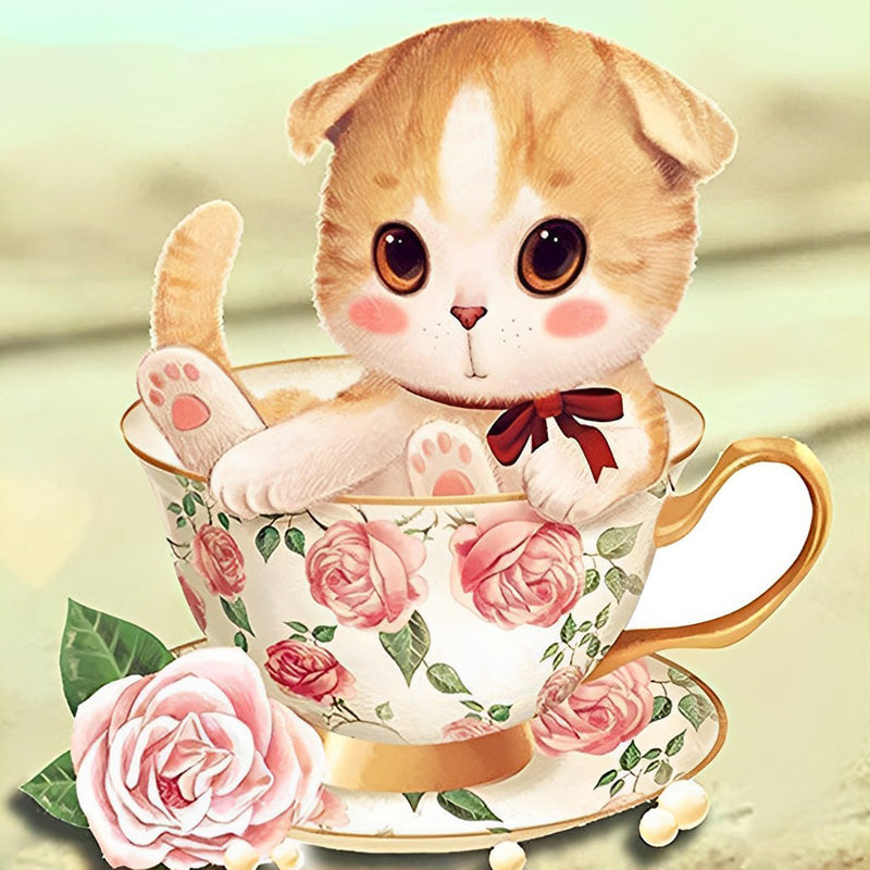 Cat in a Floral Cup 5D DIY Diamond Painting Kits