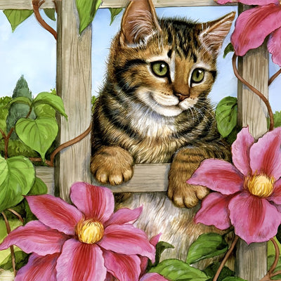 Cat and Flowers on the Fence 5D DIY Diamond Painting Kits