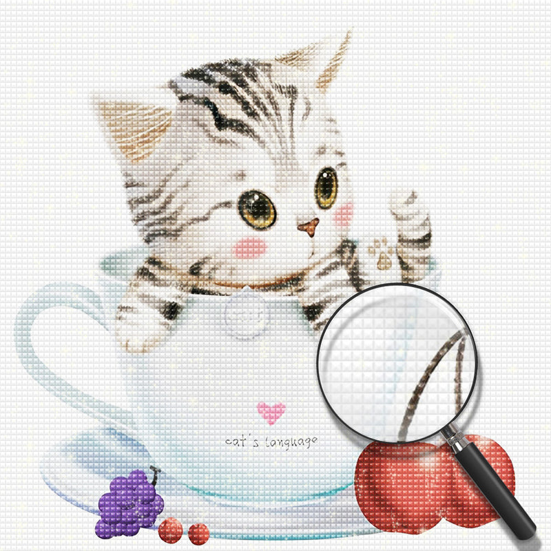 Tabby Cat in Coffee Cup and Cherries 5D DIY Diamond Painting Kits
