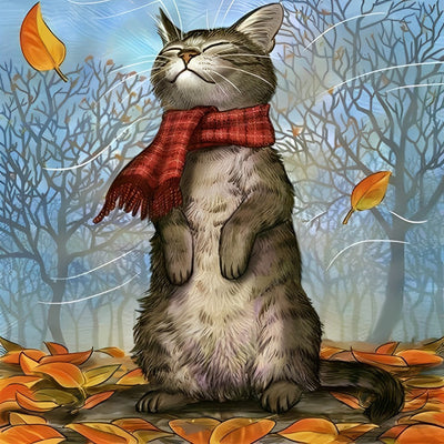 Cat With a Scarf and Autumn Wind 5D DIY Diamond Painting Kits