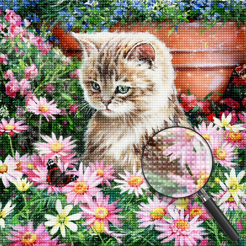 Cat and Pink Marguerites Diamond Painting