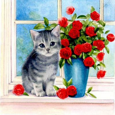 Gray Kitten and Red Roses 5D DIY Diamond Painting Kits