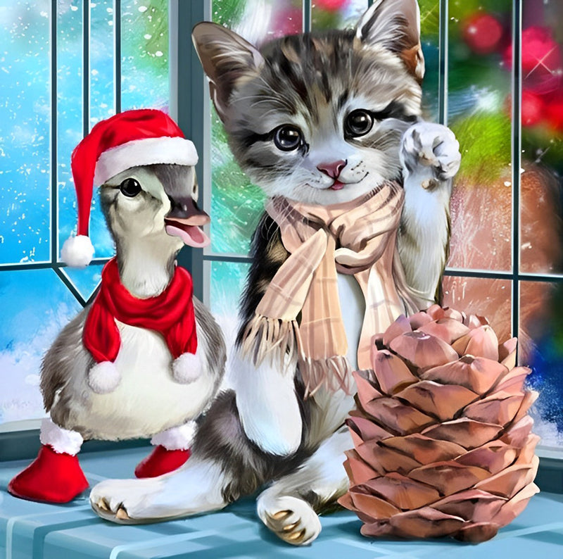 Duck Cat and Pine Cone Diamond Painting