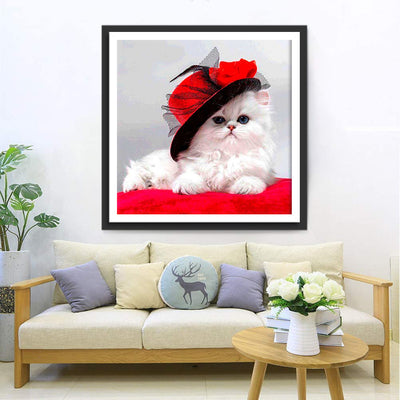 Lady White Cat in Red Hat 5D DIY Diamond Painting Kits