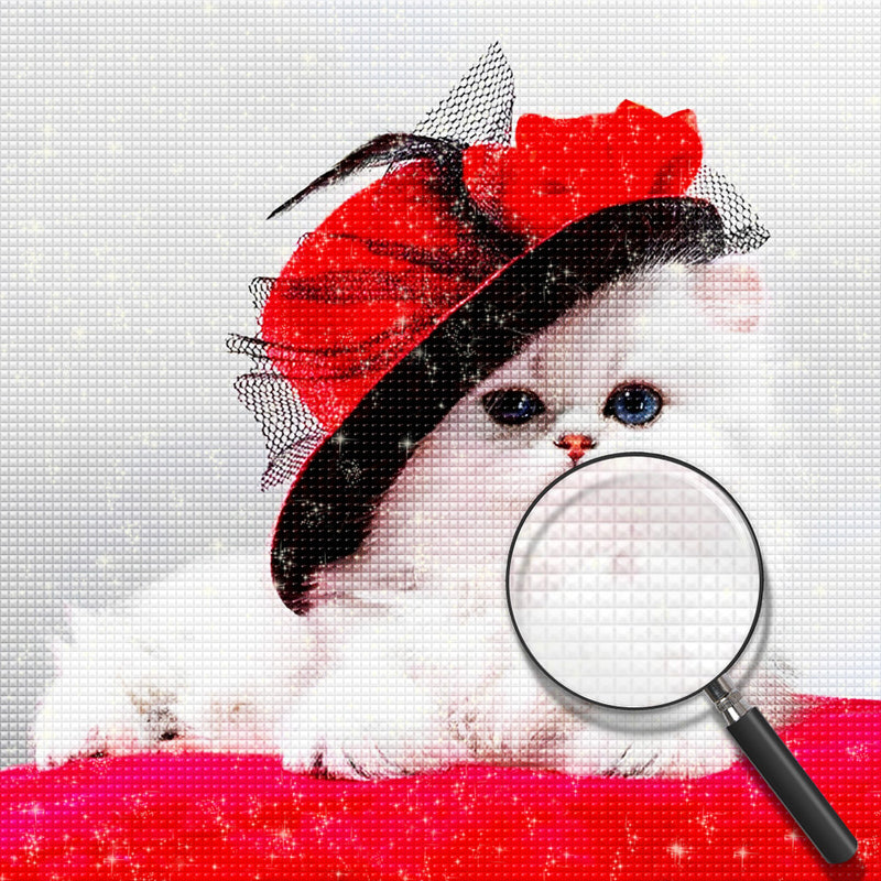 Lady White Cat in Red Hat Diamond Painting