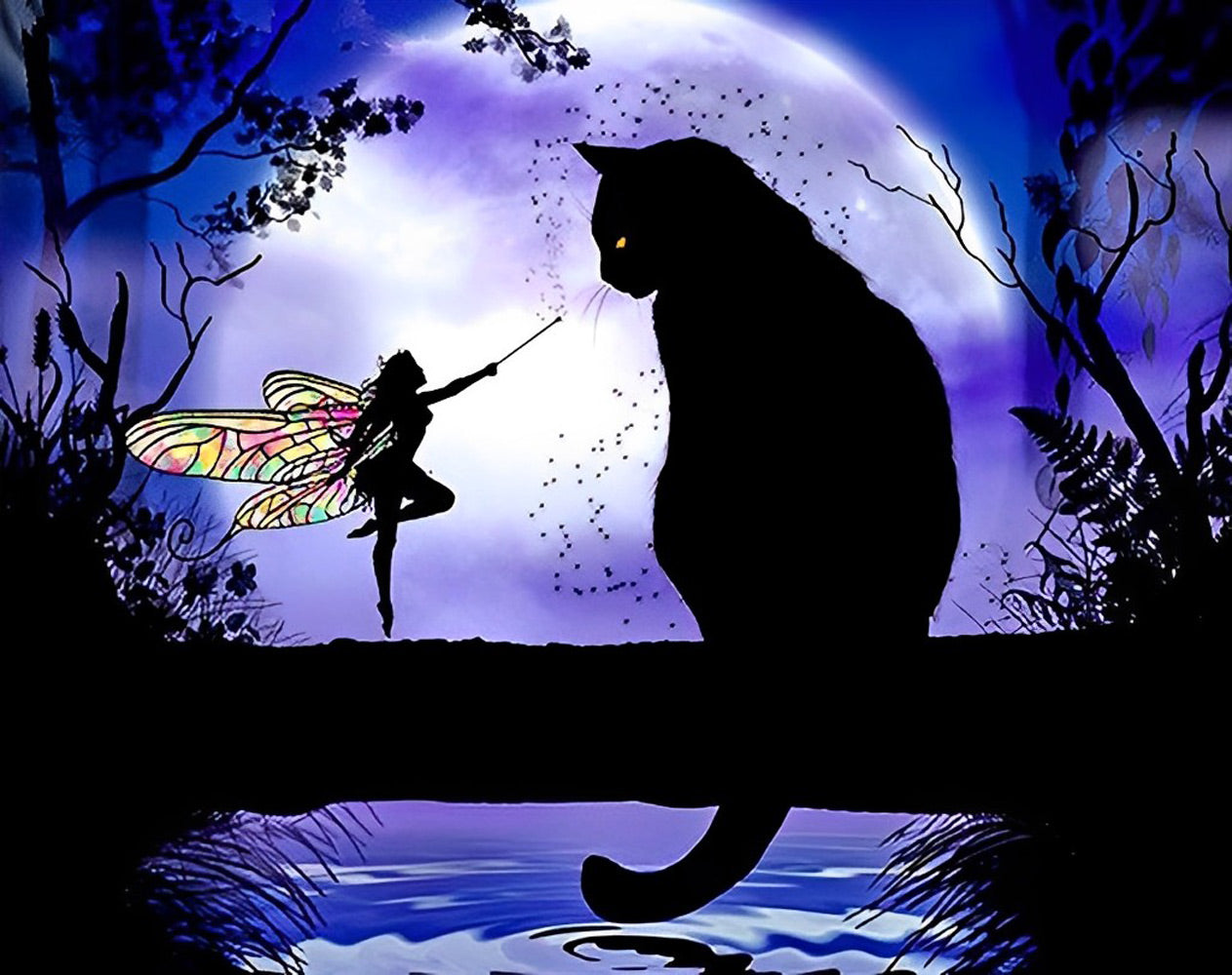 Cat and Elf on the Single-Plank Bridge Diamond Painting