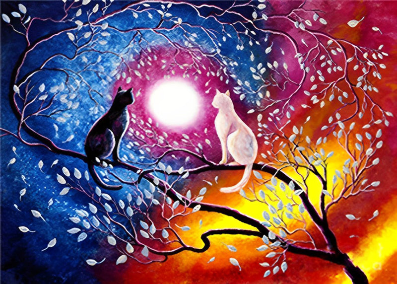 White Cat and Black Cat with the Magic Sky 5D DIY Diamond Painting Kits
