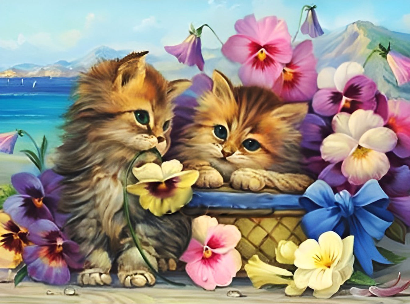 Cats and Flowers on the Beach Diamond Painting