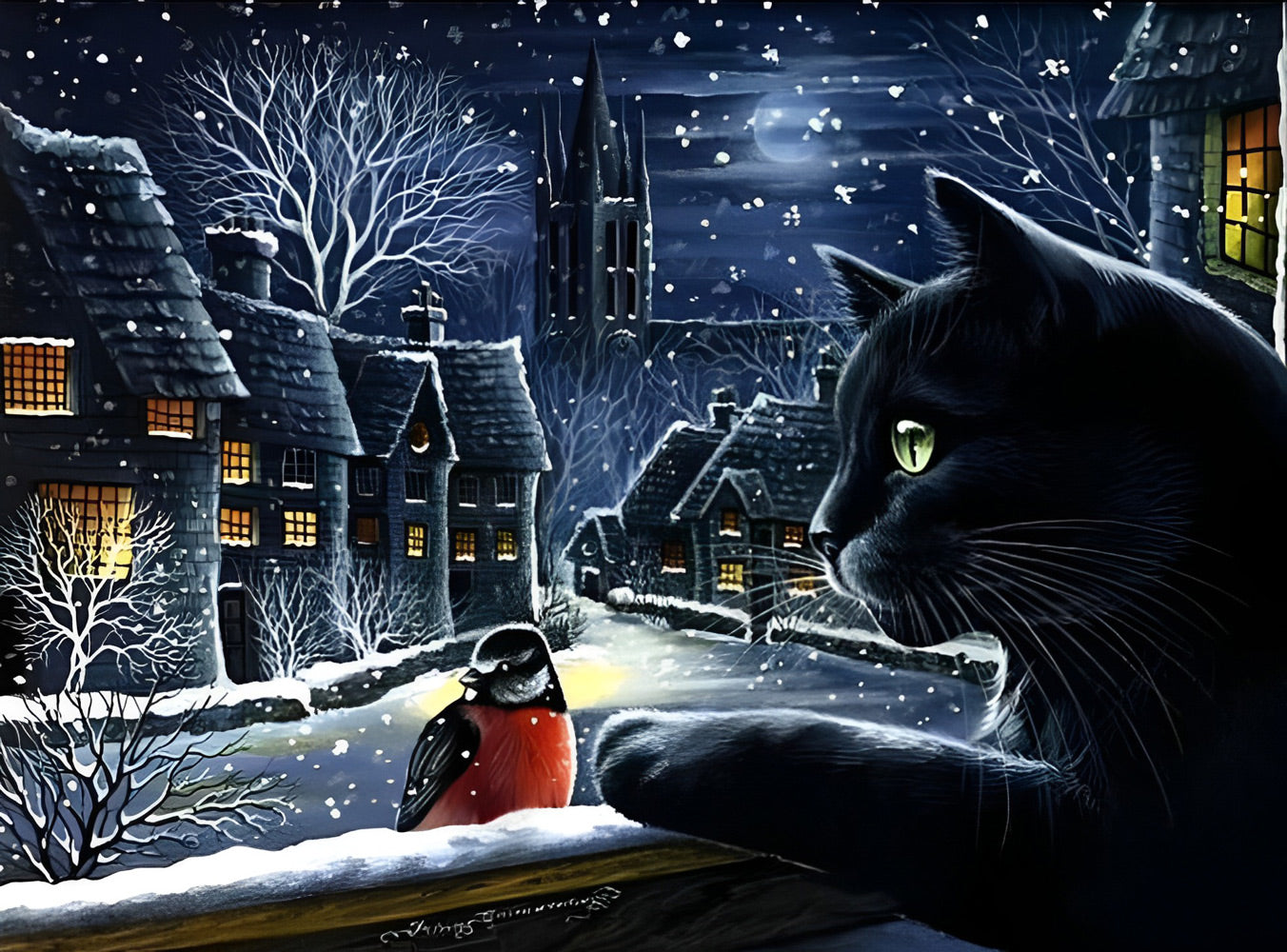 Black Cat and Little Town Diamond Painting