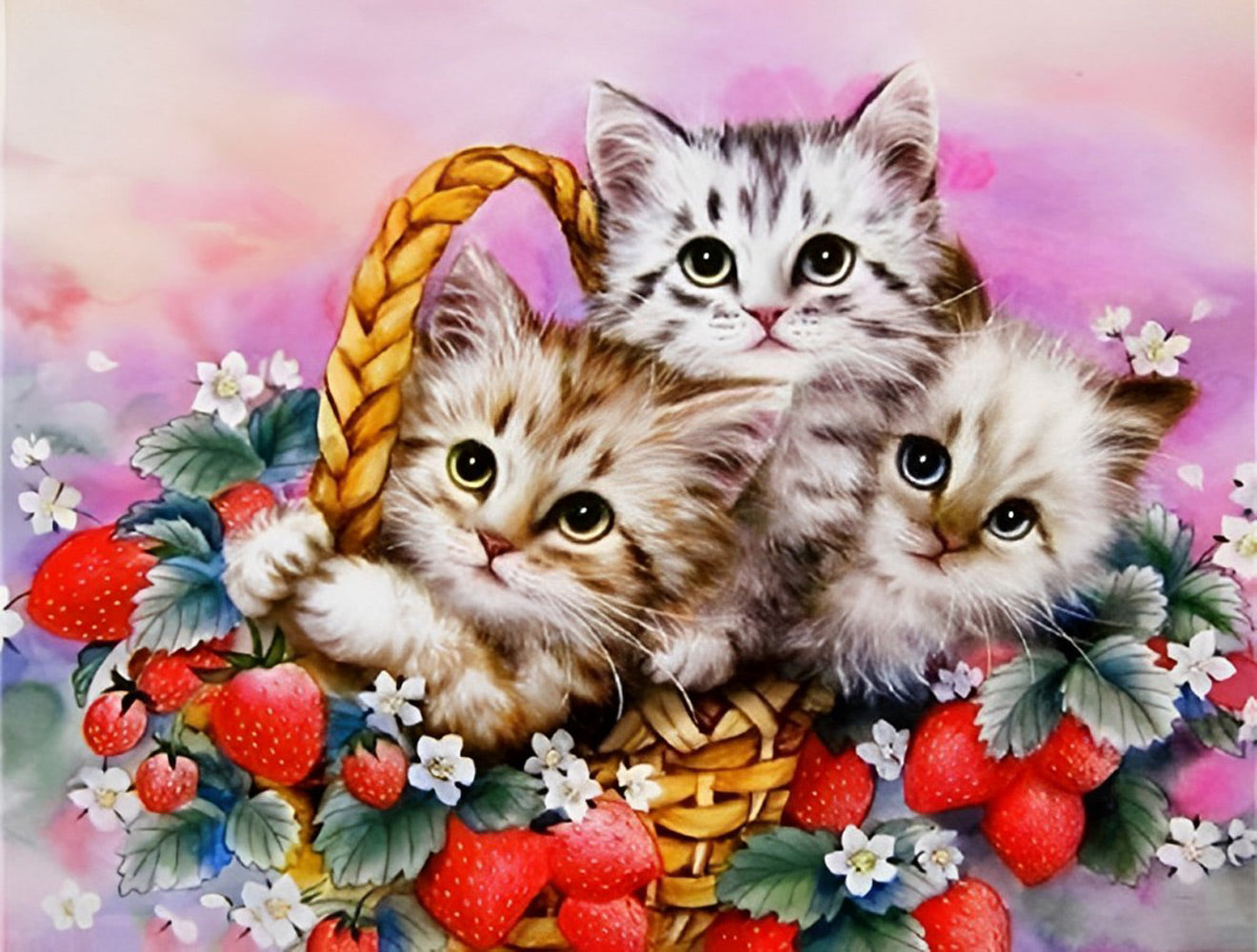 Three Little Cats and Strawberries Diamond Painting