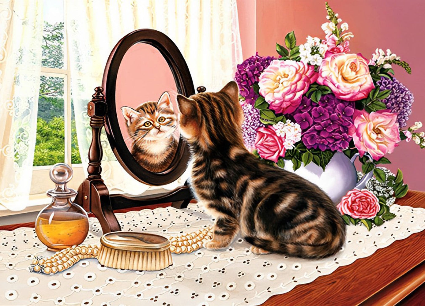 Kitten Looking in the Mirror on the Dressing Table Diamond Painting