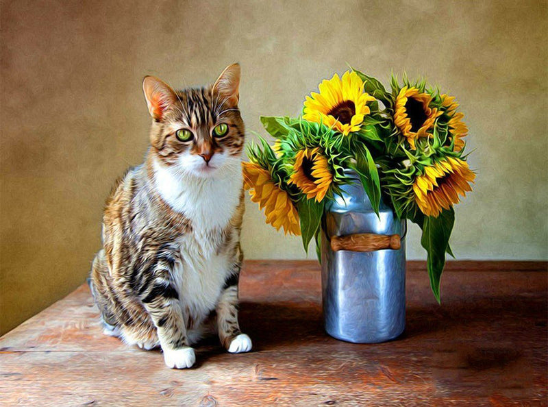 Cat and Sunflowers Diamond Painting