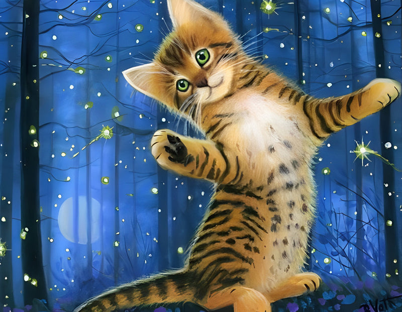 Cat and Fireflies in the Forest 5D DIY Diamond Painting Kits