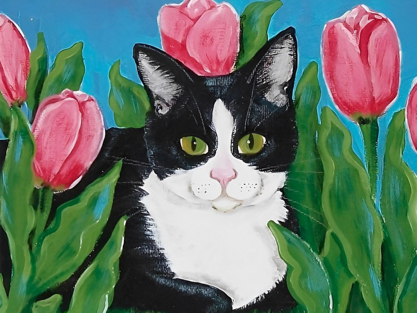Black and White Cat with Tulips Diamond Painting